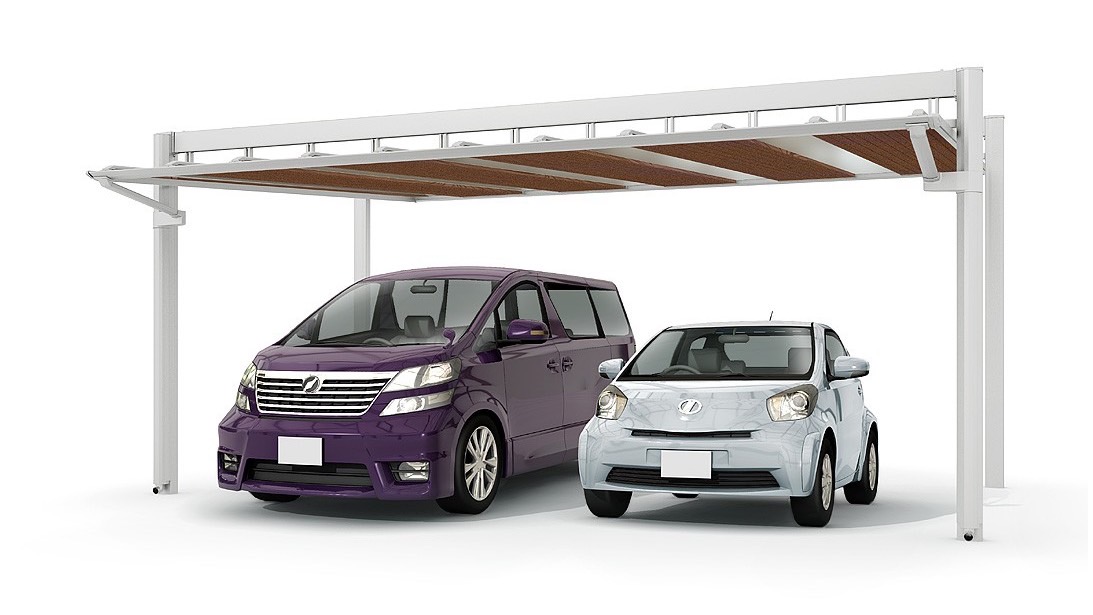 LIXIL　カーポート　外構　モダン　 おしゃれ　エクステリア　愛知・名古屋の外構専門店パートナーホームのエクステリア　製品一覧　アーキフィールド　カールーフ　ナチュラルシルバー＋クリエモカ 2台用 57-50型 ゼブラ5スパン＋標準5スパン仕様|パートナーホーム