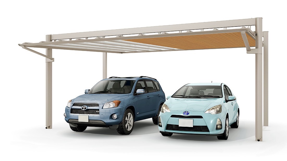 LIXIL　カーポート　外構　モダン　 おしゃれ　エクステリア　愛知・名古屋の外構専門店パートナーホームのエクステリア　製品一覧　アーキフィールド　カールーフ　シャイングレー＋クリエラスク 2台用 57-60型 ゼブラ5スパン＋標準5スパン仕様|パートナーホーム