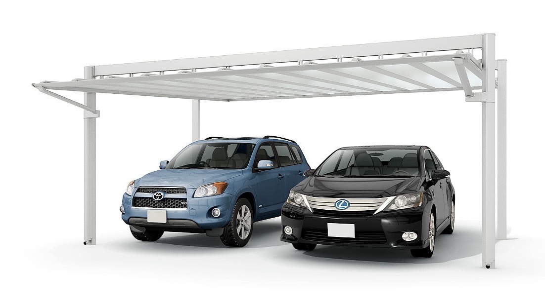 LIXIL　カーポート　外構　モダン　 おしゃれ　エクステリア　愛知・名古屋の外構専門店パートナーホームのエクステリア　製品一覧　アーキフィールド　カールーフ　ナチュラルシルバー 2台用 57-60型 天井なし|パートナーホーム