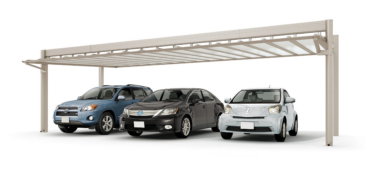 LIXIL　カーポート　外構　モダン　 おしゃれ　エクステリア　愛知・名古屋の外構専門店パートナーホームのエクステリア　製品一覧　アーキフィールド　カールーフ　シャイングレー 3台用 90-50型 天井なし|パートナーホーム