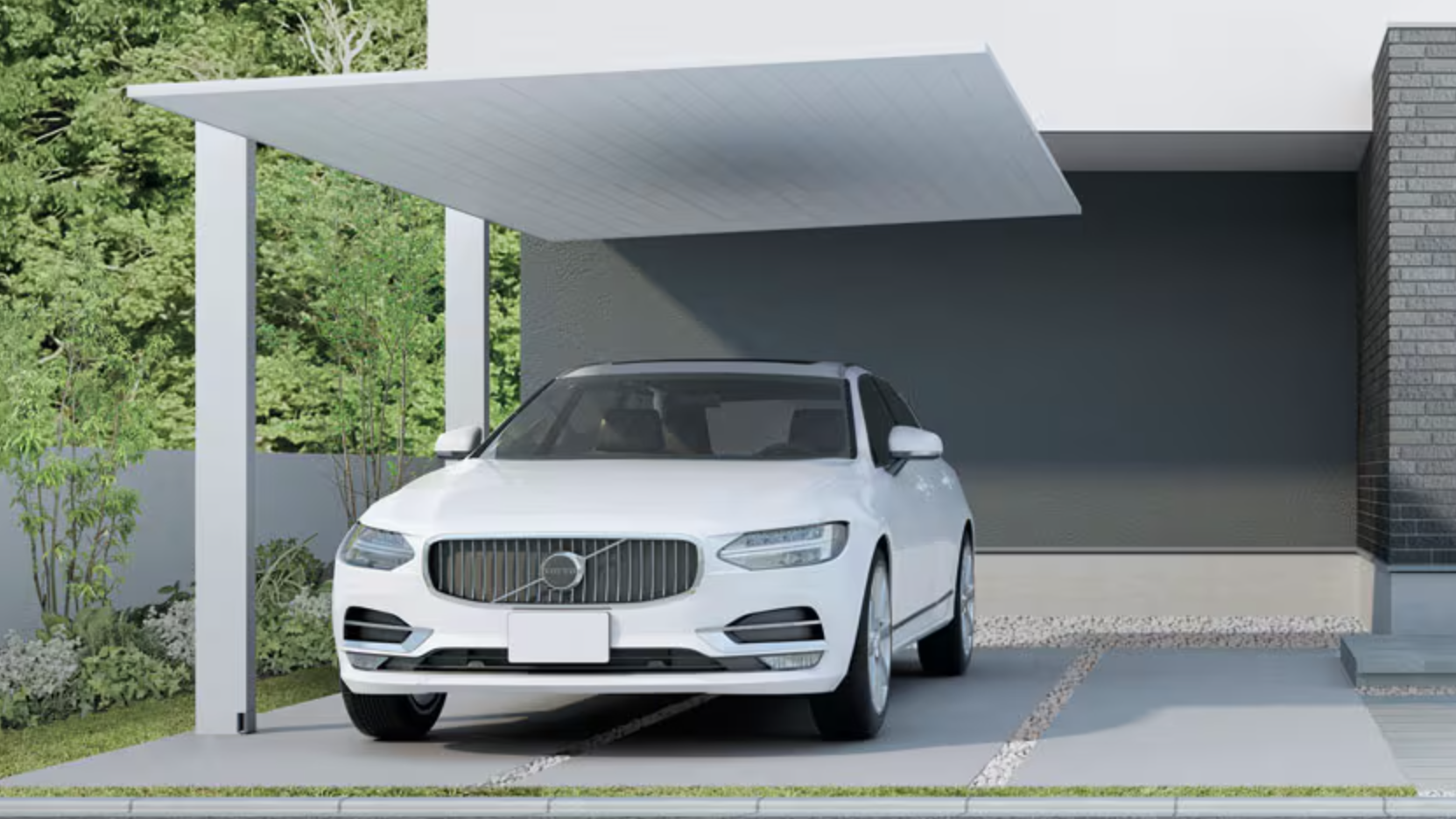 LIXIL　カーポート　外構　モダン　 おしゃれ　エクステリア　愛知・名古屋の外構専門店パートナーホームのエクステリア　製品一覧　カーポートSC　1台用30-50型　柱・梁：ナチュラルシルバーF　屋根材：ナチュラルシルバーF|パートナーホーム