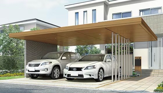 LIXIL　カーポート　外構　モダン　 おしゃれ　エクステリア　愛知・名古屋の外構専門店パートナーホームのエクステリア　製品一覧　Gルーフ カールーフタイプ　55-52型 柱：シャイングレー フレーム：クリエモカ天井材：クリエモカ（全面）　カースペースからアプローチに ルーフ空間をつなげる「持出し仕様」 1台用・2台用ともにアプローチまで屋根を広げる、持出し仕様が選べます。|パートナーホーム