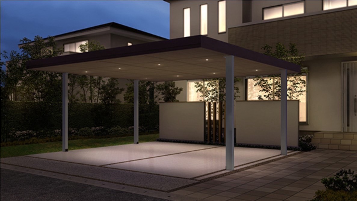 LIXIL　カーポート　外構　モダン　 おしゃれ　エクステリア　愛知・名古屋の外構専門店パートナーホームのエクステリア　製品一覧　Gルーフ カールーフタイプ　パネル天井材＋ダウンライト|パートナーホーム