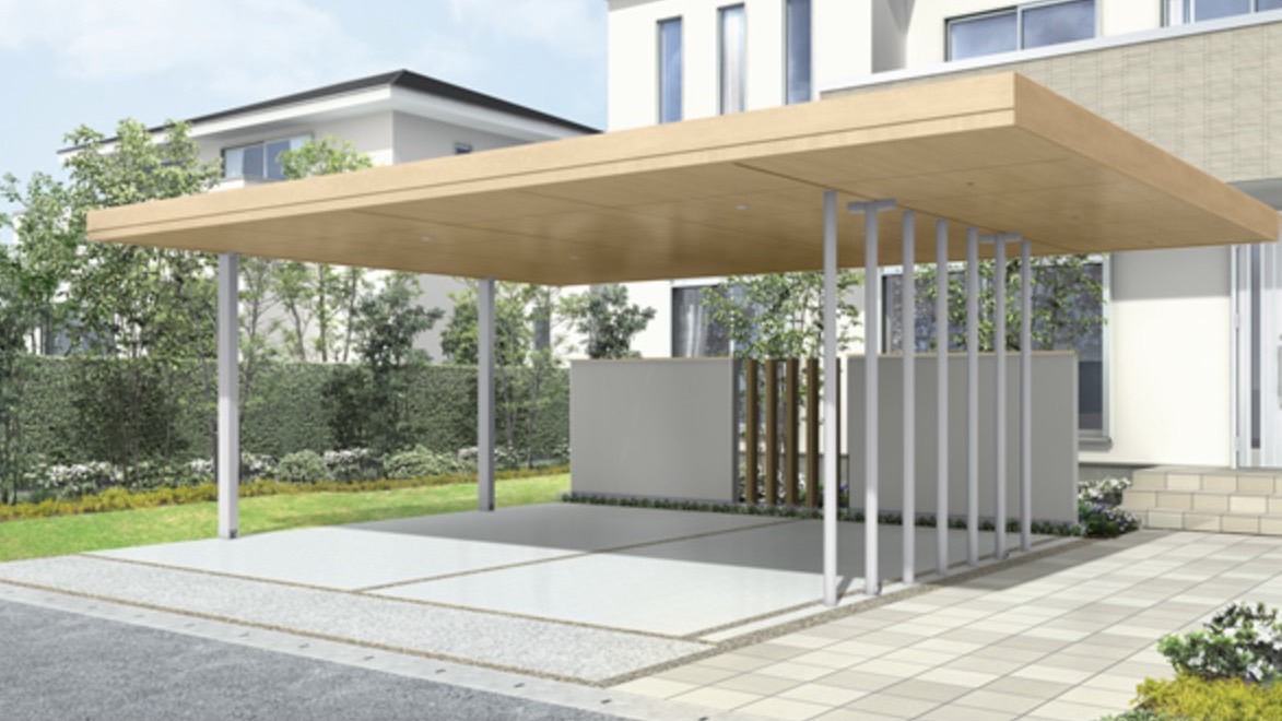 LIXIL　カーポート　外構　モダン　 おしゃれ　エクステリア　愛知・名古屋の外構専門店パートナーホームのエクステリア　製品一覧　Gルーフ カールーフタイプ　パネル天井材あり　持ち出し仕様|パートナーホーム