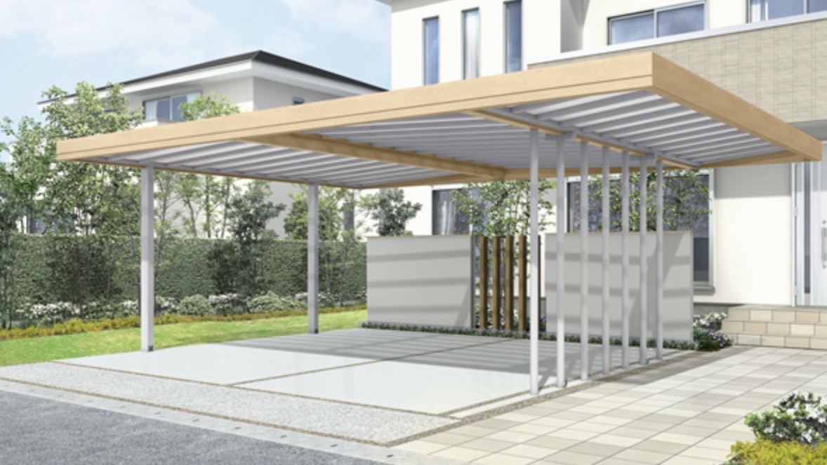 LIXIL　カーポート　外構　モダン　 おしゃれ　エクステリア　愛知・名古屋の外構専門店パートナーホームのエクステリア　製品一覧　Gルーフ カールーフタイプ　パネル天井材なし　持ち出し仕様|パートナーホーム