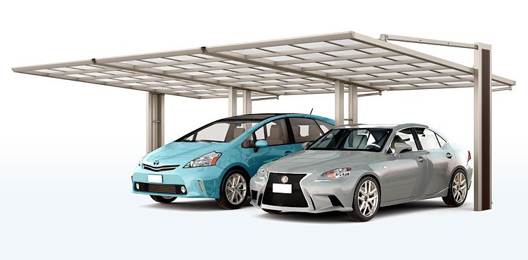 LIXIL　カーポート　外構　モダン　 おしゃれ　エクステリア　愛知・名古屋の外構専門店パートナーホームのエクステリア　製品一覧　アーキフラン　アーキフラン 横連棟ユニット+横連棟ユニット+1台用 27・27・27-50型 本体色：シャイングレー　柱パネル色：クリエダーク　屋根材色：クリアマット|パートナーホーム