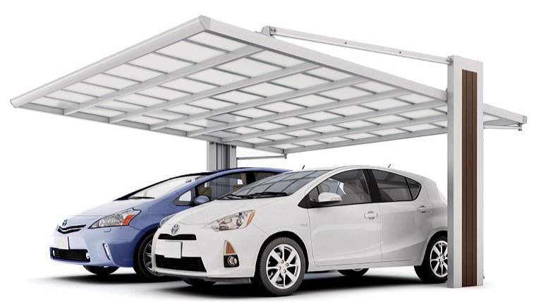 LIXIL　カーポート　外構　モダン　 おしゃれ　エクステリア　愛知・名古屋の外構専門店パートナーホームのエクステリア　製品一覧　アーキフラン　2台用アーキフラン 2台用 52-50型 本体色：ナチュラルシルバー 柱パネル色：クリエモカ 屋根材色：クリアマット|パートナーホーム