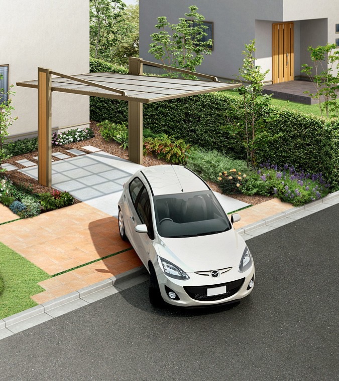 LIXIL　カーポート　外構　モダン　 おしゃれ　エクステリア　愛知・名古屋の外構専門店パートナーホームのエクステリア　製品一覧　アーキフラン　前方が180°オープンなので、クルマの出し入れスムーズ。|パートナーホーム