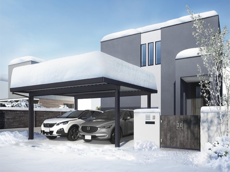 LIXIL　カーポート　外構　モダン　 おしゃれ　エクステリア　愛知・名古屋の外構専門店パートナーホームのエクステリア　製品一覧　カーポートST　耐積雪強度はそのままに、使い勝手の良い柱本数の少ない機種が追加！ （4500タイプ・6000タイプ） カーポートST：4500タイプ 2台用 4本柱 55-55型 ブラック フェンス：フェンスAA MS1型 ブリュームメタルグレー 門扉：開き門扉AA MM1型 ブリュームメタルグレー|パートナーホーム