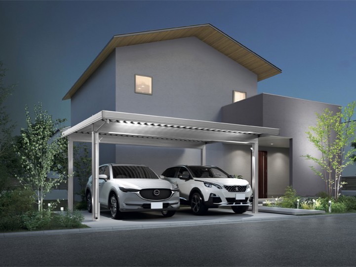LIXIL　カーポート　外構　モダン　 おしゃれ　エクステリア　愛知・名古屋の外構専門店パートナーホームのエクステリア　製品一覧　カーポートST　夜のわが家にワンランク上の安心と美しさを。 カーポートST:3000タイプ 2台用 55-55型 ナチュラルシルバー エスコートスポットライト エクステリアライト：美彩 ローポールライト|パートナーホーム