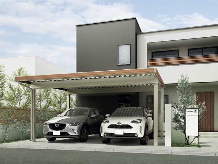 LIXIL　カーポート　外構　モダン　 おしゃれ　エクステリア　愛知・名古屋の外構専門店パートナーホームのエクステリア　製品一覧　カーポートST　木調色のコーディネートで外観を心地よく。 カーポートST：3000タイプ 2台用 55-55型 シャイングレー 化粧枠：クリエモカ ポスト：スマート宅配ポスト／玄関ドア：ジエスタ2D91型 チーク|パートナーホーム