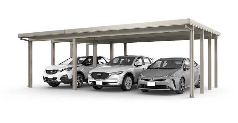 LIXIL　カーポート　外構　モダン　 おしゃれ　エクステリア　愛知・名古屋の外構専門店パートナーホームのエクステリア　製品一覧　カーポートST　4500　3台用　横2連棟（1台+2台）８本柱 30・55-55型 シャイングレー|パートナーホーム
