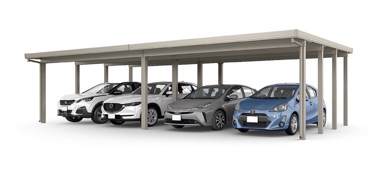 LIXIL　カーポート　外構　モダン　 おしゃれ　エクステリア　愛知・名古屋の外構専門店パートナーホームのエクステリア　製品一覧　カーポートST　4500　4台用　横2連棟（2台+2台）8本柱 55・55-55型 シャイングレー|パートナーホーム