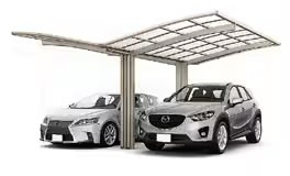 LIXIL　カーポート　外構　モダン　 おしゃれ　エクステリア　愛知・名古屋の外構専門店パートナーホームのエクステリア　製品一覧　フーゴ　Y合掌2つの1台用タイプを、柱を中央に背中合わせで連結。 柱が外側にないので、圧迫感がありません。|パートナーホーム