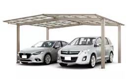 LIXIL　カーポート　外構　モダン　 おしゃれ　エクステリア　愛知・名古屋の外構専門店パートナーホームのエクステリア　製品一覧　フーゴ　2つの1台用タイプを、柱を両側に配して連結。 屋根のデザインが保たれた一体感のあるデザインです。|パートナーホーム