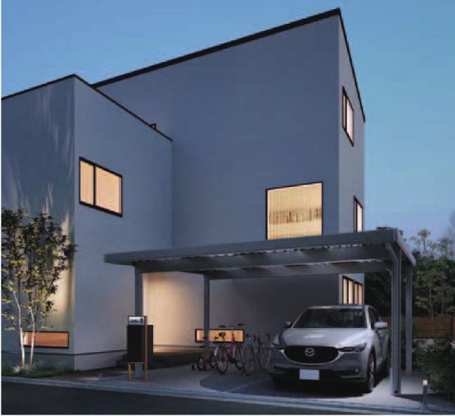 LIXIL　カーポート　外構　モダン　 おしゃれ　エクステリア　愛知・名古屋の外構専門店パートナーホームのエクステリア　製品一覧　カーポートSW　カーポートSW：1500タイプ 2台用 55-55型 シャイングレー エスコートスポットライト／ポスト：スマート宅配ポスト エクステリアライト：美彩 スパイクフットライト／美彩 ローポールライト|パートナーホーム