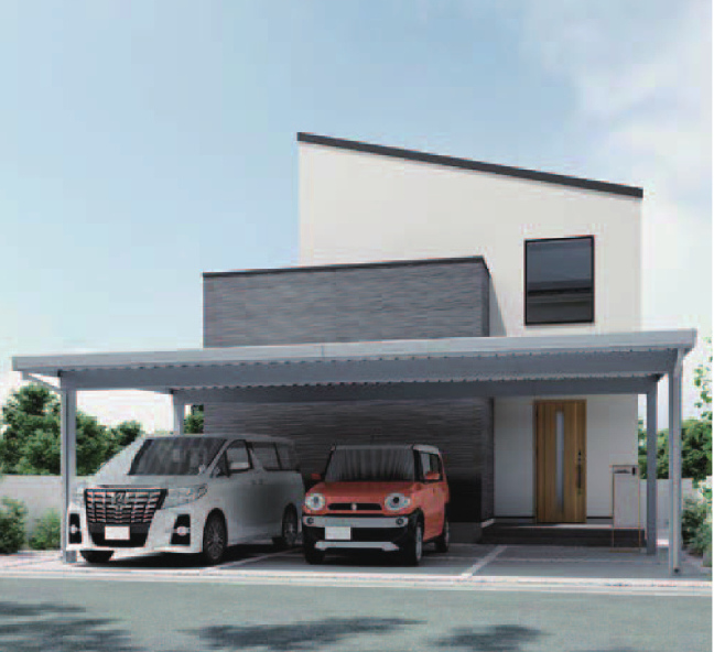 LIXIL　カーポート　外構　モダン　 おしゃれ　エクステリア　愛知・名古屋の外構専門店パートナーホームのエクステリア　製品一覧　カーポートSW　カーポートSW：1500タイプ 3台用 80-55型 ナチュラルシルバー ポスト：スマート宅配ポスト／玄関ドア：玄関ドアDA V39型 チェリーウッド|パートナーホーム