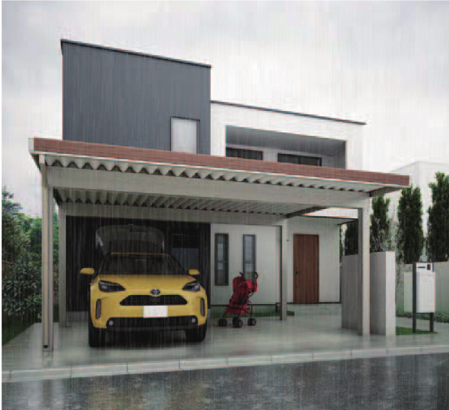 LIXIL　カーポート　外構　モダン　 おしゃれ　エクステリア　愛知・名古屋の外構専門店パートナーホームのエクステリア　製品一覧　カーポートSW　来客や将来に備える、ゆとりのスペース。 カーポートSW：1500タイプ 2台用 55-55型 シャイングレー化粧枠：クリエモカ ポスト：スマート宅配ポスト／玄関ドア：ジエスタ2 D91型チーク|パートナーホーム