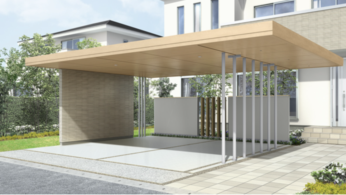 LIXIL　カーポート　外構　モダン　 おしゃれ　エクステリア　愛知・名古屋の外構専門店パートナーホームのエクステリア　製品一覧　Gルーフ カールーフタイプ　天井材あり　フリーウォール|パートナーホーム