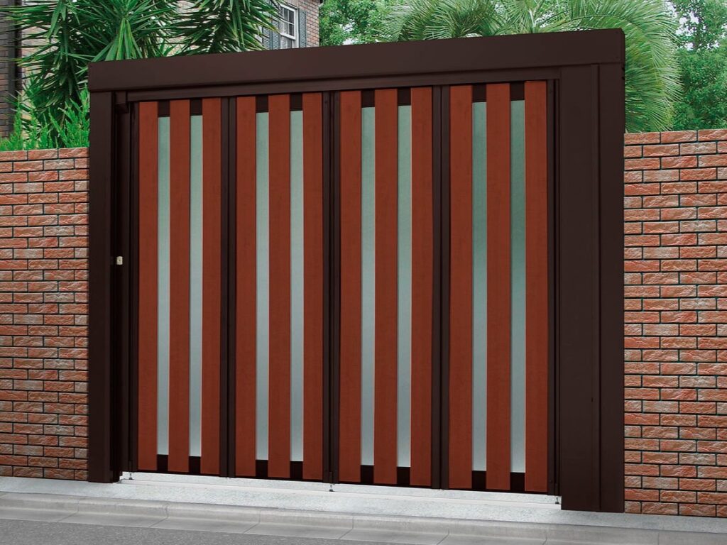 LIXIL　プレミエスゲートシングル・ワイド　TA型【外構エクステリア商品】LIXIL　ハンガーゲート　外構　モダン　 おしゃれ　エクステリア　愛知・名古屋の外構専門店パートナーホームのエクステリア　製品一覧　プレミエスゲートシングル　TA型　マイルドブラック+ポート マホガニー 電動タイプ|パートナーホーム