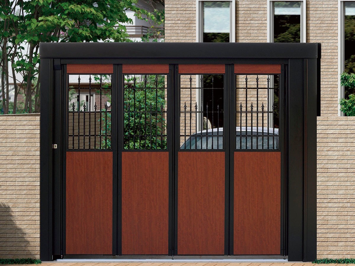 LIXIL　ハンガーゲート　外構　モダン　 おしゃれ　エクステリア　愛知・名古屋の外構専門店パートナーホームのエクステリア　製品一覧　プレミエスゲートシングル　CA型　マイルドブラック+ポート マホガニー 電動タイプ|パートナーホーム