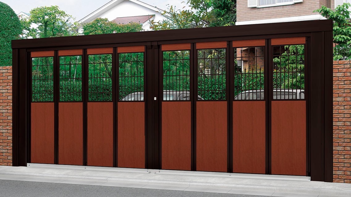 LIXIL　ハンガーゲート　外構　モダン　 おしゃれ　エクステリア　愛知・名古屋の外構専門店パートナーホームのエクステリア　製品一覧　プレミエスゲートワイド　CA型　マイルドブラック+ポート マホガニー|パートナーホーム