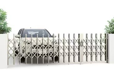 LIXIL　伸縮門扉　伸縮ゲート　外構　モダン　 おしゃれ　エクステリア　愛知・名古屋の外構専門店パートナーホームのエクステリア　製品一覧　伸縮門扉QA HG型　両開き 親子仕様 人と車の共用出入り口に最適です。|パートナーホーム