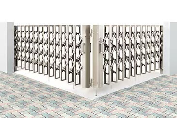 LIXIL　伸縮門扉　伸縮ゲート　外構　モダン　 おしゃれ　エクステリア　愛知・名古屋の外構専門店パートナーホームのエクステリア　製品一覧　伸縮門扉QA HG型　角地タイプ 角地の駐車スペースに。60°〜180°に対応します。|パートナーホーム