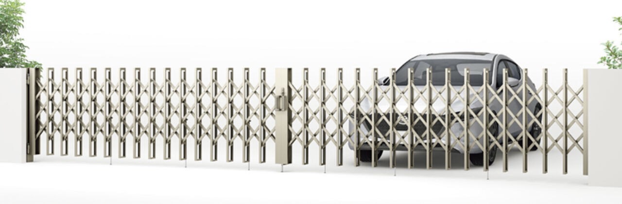 LIXIL　伸縮門扉　伸縮ゲート　外構　モダン　 おしゃれ　エクステリア　愛知・名古屋の外構専門店パートナーホームのエクステリア　製品一覧　伸縮門扉QA HG型　両開き　H1250　745W　ｼｬｲﾝｸﾞﾚｰ|パートナーホーム