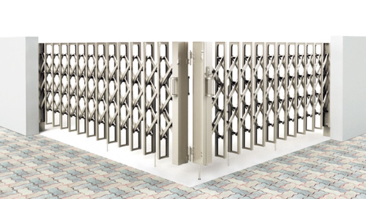 LIXIL　伸縮門扉　伸縮ゲート　外構　モダン　 おしゃれ　エクステリア　愛知・名古屋の外構専門店パートナーホームのエクステリア　製品一覧　伸縮門扉QA HG型　シャイングレー　角地タイプ|パートナーホーム