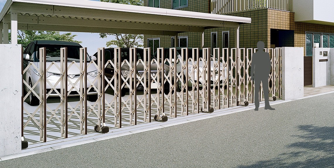 LIXIL　伸縮門扉　伸縮ゲート　外構　モダン　 おしゃれ　エクステリア　愛知・名古屋の外構専門店パートナーホームのエクステリア　製品一覧　グランシャイン　Cタイプ 戸建住宅の大開口にもぴったり！ ナチュラルから和モダンまでの幅広いデザインに対応する、豊富なカラーバリエーション。|パートナーホーム