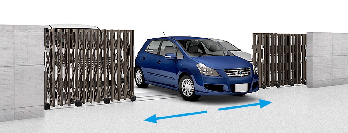 LIXIL　伸縮門扉　伸縮ゲート　外構　モダン　 おしゃれ　エクステリア　愛知・名古屋の外構専門店パートナーホームのエクステリア　製品一覧　グランシャイン　中央を開閉|パートナーホーム