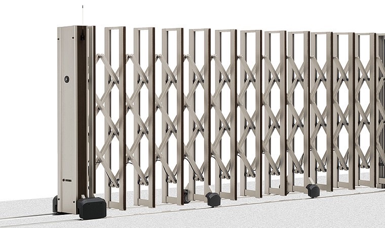 LIXIL　伸縮門扉　伸縮ゲート　外構　モダン　 おしゃれ　エクステリア　愛知・名古屋の外構専門店パートナーホームのエクステリア　製品一覧　グランシャイン　Cタイプ 　電動タイプ　H1600　ﾌﾗｯﾄﾚｰﾙﾀｲﾌﾟ　片開き　ｼｬｲﾝｸﾞﾚｰ+柿渋|パートナーホーム