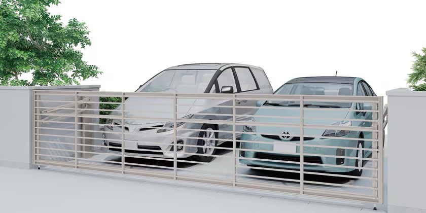 LIXIL　跳ね上げ門扉　オーバードア　外構　モダン　 おしゃれ　エクステリア　愛知・名古屋の外構専門店パートナーホームのエクステリア　製品一覧　ワイドオーバードアS　１型　シャイングレー 54-12 手動ハイルーフタイプ|パートナーホーム