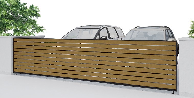 LIXIL　跳ね上げ門扉　オーバードア　外構　モダン　 おしゃれ　エクステリア　愛知・名古屋の外構専門店パートナーホームのエクステリア　製品一覧　ワイドオーバードアS　5型　横板塀　ﾌﾞﾗｯｸ+ﾁｪﾘｰｳｯﾄﾞ|パートナーホーム