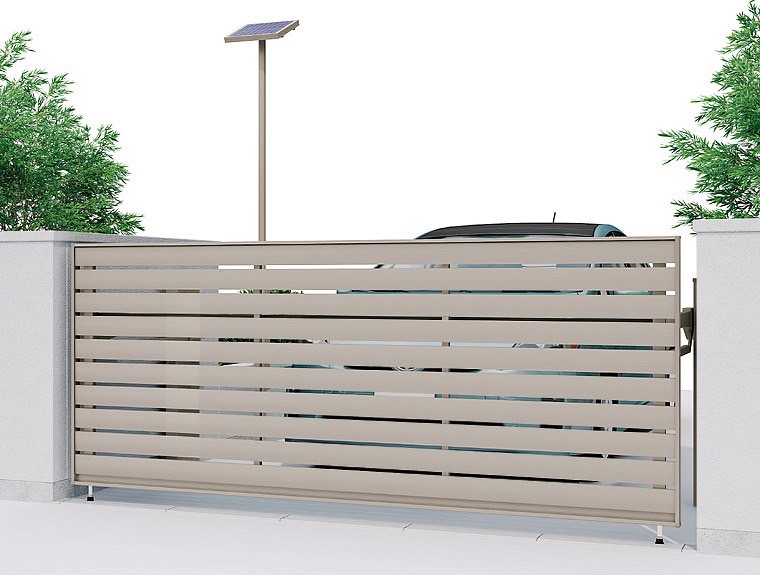 LIXIL　跳ね上げ門扉　オーバードア　外構　モダン　 おしゃれ　エクステリア　愛知・名古屋の外構専門店パートナーホームのエクステリア　製品一覧　オーバードアS　5型　30-12 電動標準ﾀｲﾌﾟ ｿｰﾗｰ仕様 ｼｬｲﾝｸﾞﾚｰ|パートナーホーム