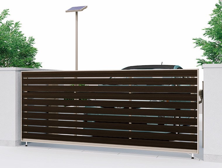 LIXIL　跳ね上げ門扉　オーバードア　外構　モダン　 おしゃれ　エクステリア　愛知・名古屋の外構専門店パートナーホームのエクステリア　製品一覧　オーバードアS　5型　30-12 電動標準ﾀｲﾌﾟ ｿｰﾗｰ仕様 ｼｬｲﾝｸﾞﾚｰ+柿渋|パートナーホーム