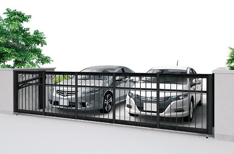 LIXIL　跳ね上げ門扉　オーバードア　外構　モダン　 おしゃれ　エクステリア　愛知・名古屋の外構専門店パートナーホームのエクステリア　製品一覧　ワイドオーバードアS　ラフィーネタイプ　ブラック アクセントカラー：ブラック 54-12 電動ハイルーフタイプ|パートナーホーム