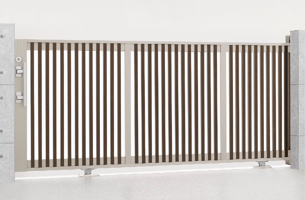 LIXIL　カーゲート　引戸　門扉　外構　モダン　 おしゃれ　エクステリア　愛知・名古屋の外構専門店パートナーホームのエクステリア　製品一覧　エススライド　エススライド　C型　シャイングレー＋柿渋 30-12 手動タイプ|パートナーホーム