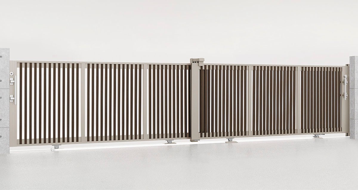 LIXIL　カーゲート　引戸　門扉　外構　モダン　 おしゃれ　エクステリア　愛知・名古屋の外構専門店パートナーホームのエクステリア　製品一覧　エススライド　エススライド　C型　引違いタイプ シャイングレー＋柿渋 30-30-12|パートナーホーム