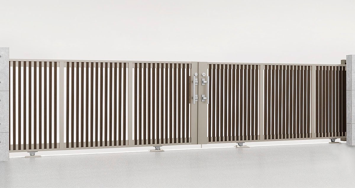 LIXIL　カーゲート　引戸　門扉　外構　モダン　 おしゃれ　エクステリア　愛知・名古屋の外構専門店パートナーホームのエクステリア　製品一覧　エススライド　エススライド　C型　両引きタイプ シャイングレー＋柿渋 30-30-12|パートナーホーム