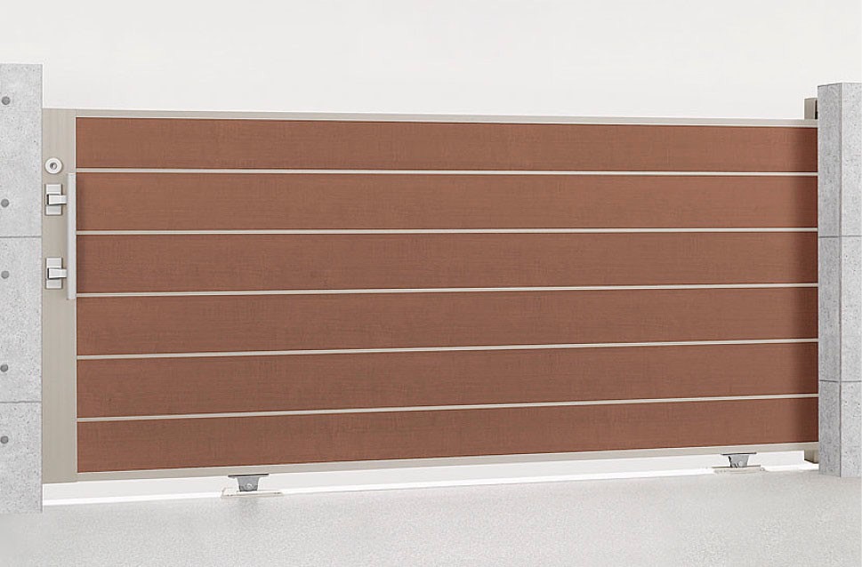 LIXIL　カーゲート　引戸　門扉　外構　モダン　 おしゃれ　エクステリア　愛知・名古屋の外構専門店パートナーホームのエクステリア　製品一覧　エススライド　エススライド　D型　シャイングレー+ミディアムチェリー　30-12　手動タイプ|パートナーホーム