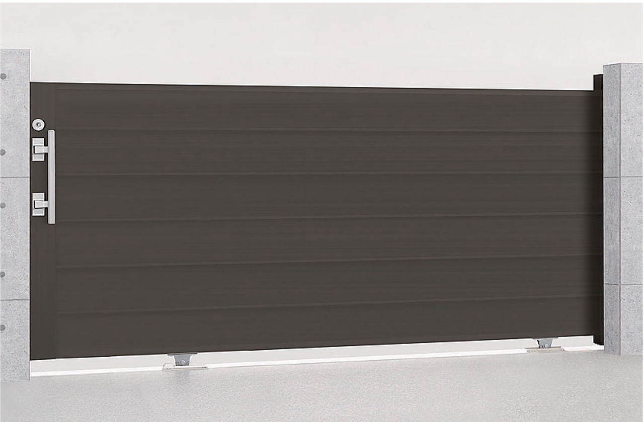 LIXIL　カーゲート　引戸　門扉　外構　モダン　 おしゃれ　エクステリア　愛知・名古屋の外構専門店パートナーホームのエクステリア　製品一覧　エススライド　エススライド　D型　オータムブラウン　30-12　手動タイプ|パートナーホーム