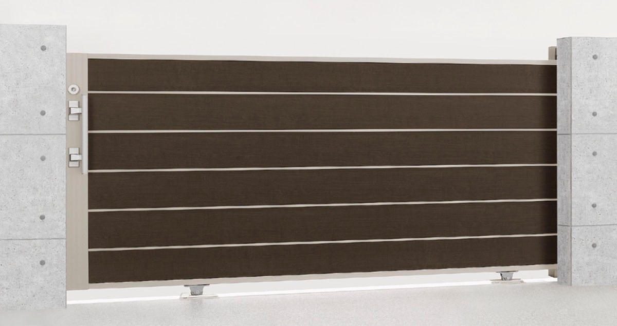 LIXIL　カーゲート　引戸　門扉　外構　モダン　 おしゃれ　エクステリア　愛知・名古屋の外構専門店パートナーホームのエクステリア　製品一覧　エススライド　エススライド　D型　片引きタイプ　シャイングレー＋柿渋　30-12|パートナーホーム