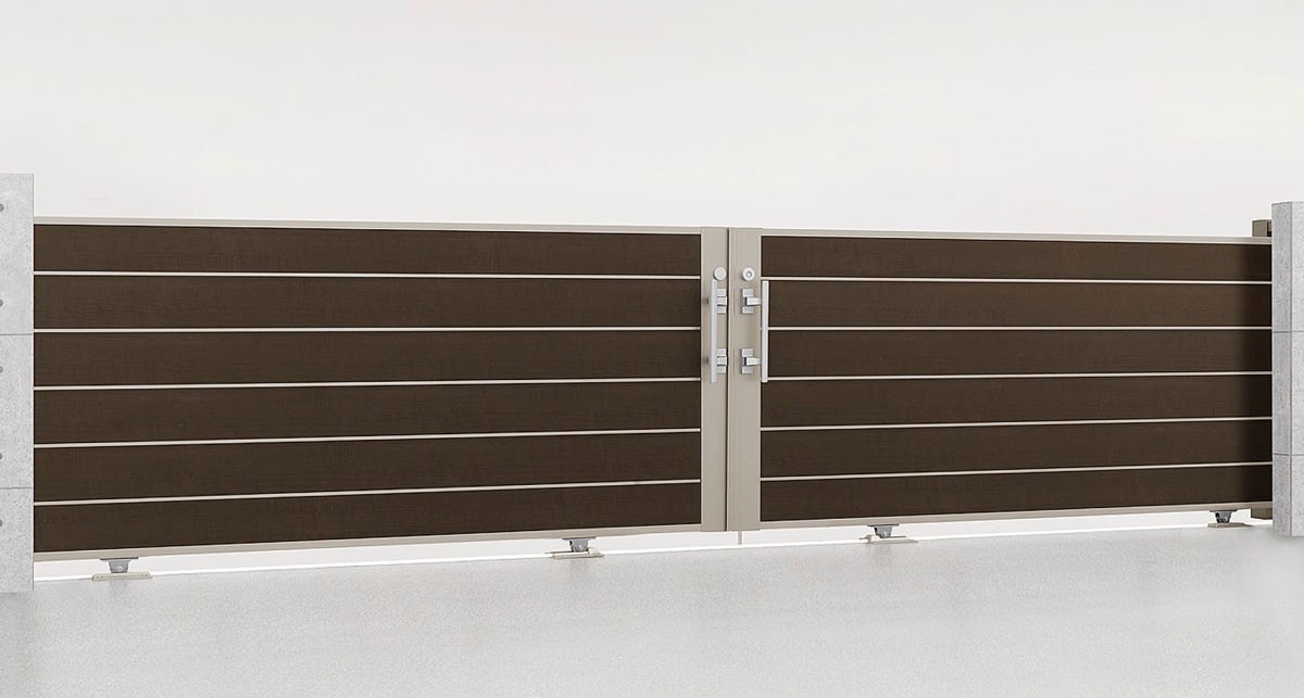 LIXIL　カーゲート　引戸　門扉　外構　モダン　 おしゃれ　エクステリア　愛知・名古屋の外構専門店パートナーホームのエクステリア　製品一覧　エススライド　エススライド　D型　両引きタイプ　シャイングレー＋柿渋　30-30-12|パートナーホーム