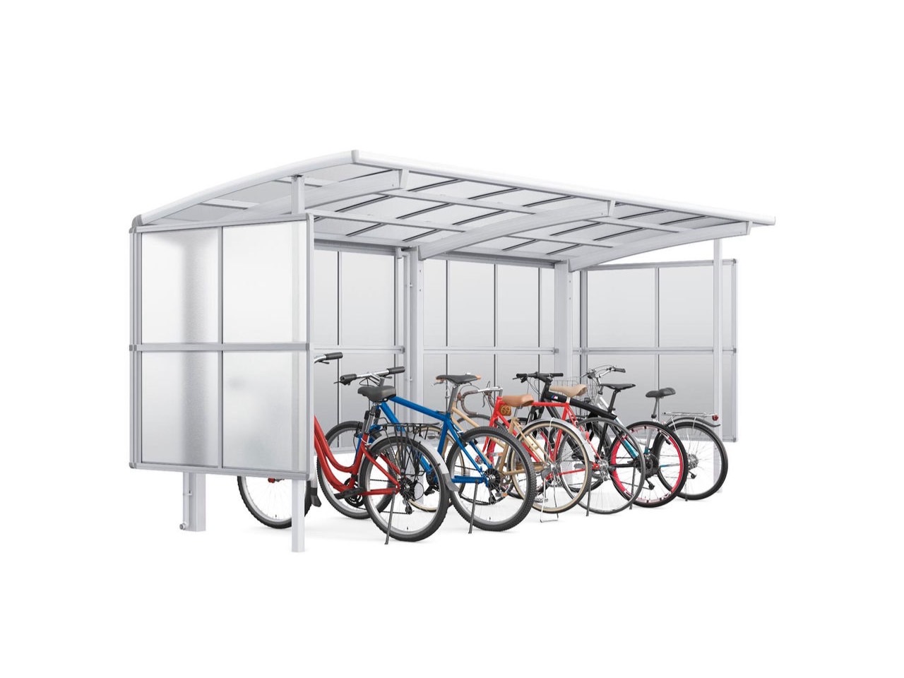 LIXIL　駐輪場　モダン　 おしゃれ　エクステリア　愛知・名古屋の外構専門店パートナーホームのエクステリア　製品一覧　サイクルポート フーゴパーク　フーゴRパーク　29-29-18型　ﾎﾜｲﾄ（屋根材　ｸﾘｱﾏｯﾄ）|パートナーホーム