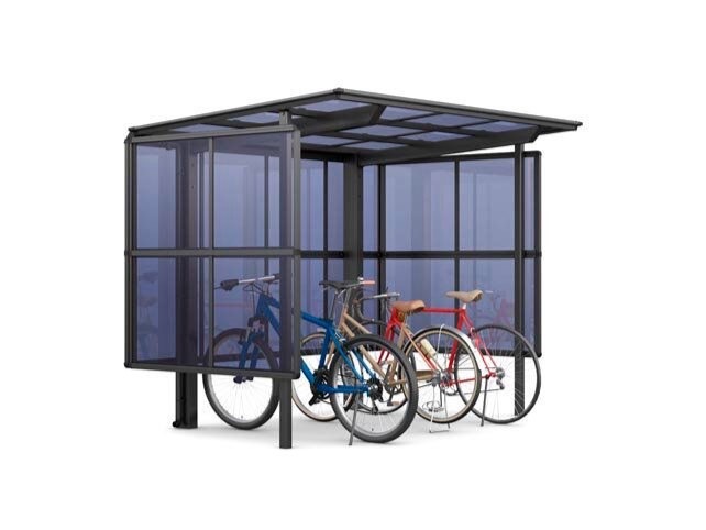 LIXIL　駐輪場　モダン　 おしゃれ　エクステリア　愛知・名古屋の外構専門店パートナーホームのエクステリア　製品一覧　サイクルポート フーゴパーク　フーゴFパーク　29-18型　ﾌﾞﾗｯｸ（屋根材　ｸﾘｱﾌﾞﾙｰ）|パートナーホーム