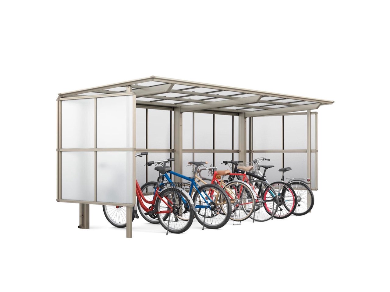 LIXIL　駐輪場　モダン　 おしゃれ　エクステリア　愛知・名古屋の外構専門店パートナーホームのエクステリア　製品一覧　サイクルポート フーゴパーク　フーゴAパーク　　29-29-18型　ｼｬｲﾝｸﾞﾚｰ（屋根材　ｸﾘｱﾏｯﾄ）|パートナーホーム