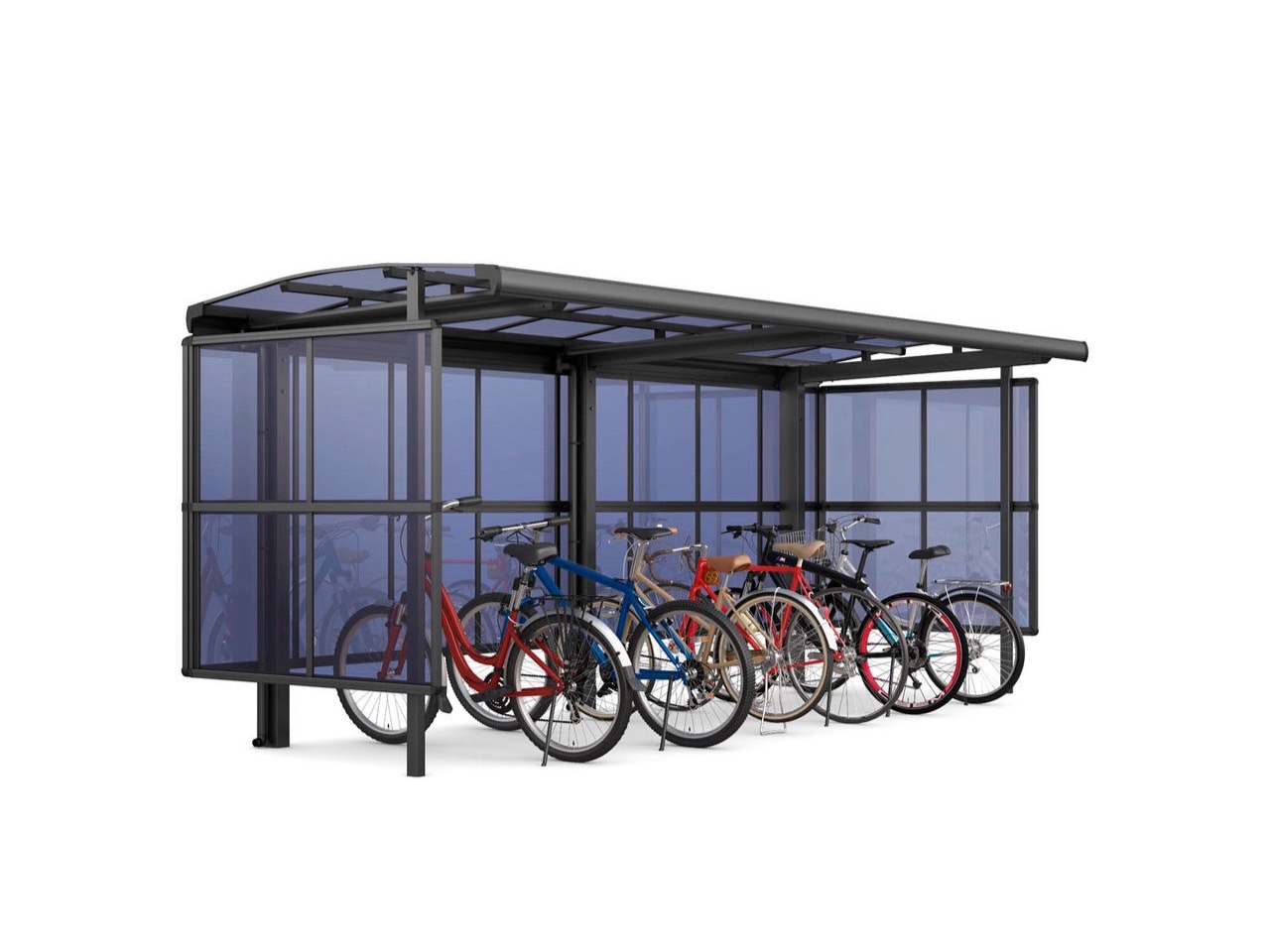 LIXIL　駐輪場　モダン　 おしゃれ　エクステリア　愛知・名古屋の外構専門店パートナーホームのエクステリア　製品一覧　サイクルポート フーゴパーク　フーゴAパーク　　29-18型　波板ﾊﾟﾈﾙH1200　ﾌﾞﾗｯｸ（屋根材　ｸﾘｱﾌﾞﾙｰ）|パートナーホーム