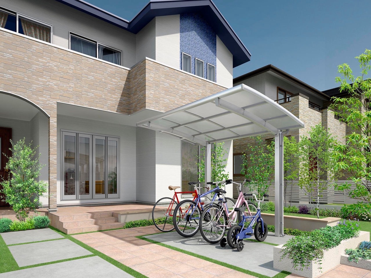 LIXIL　駐輪場　モダン　 おしゃれ　エクステリア　愛知・名古屋の外構専門店パートナーホームのエクステリア　製品一覧　サイクルポート フーゴパーク　フーゴRミニ　サムネイル　18-29型　ﾅﾁｭﾗﾙｼﾙﾊﾞｰ（屋根材ｸﾘｱﾏｯﾄ）|パートナーホーム